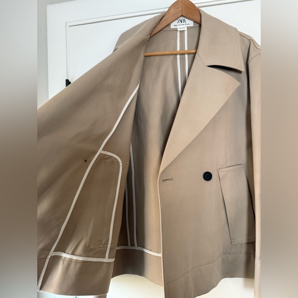 Zara Man Edition Short Trench Coat Jacket 100% Cotton Khaki Tan Medium - Picture 10 of 11